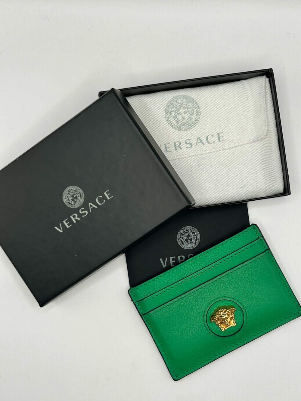 Versace Green Leather Card Holder with Gold Medusa